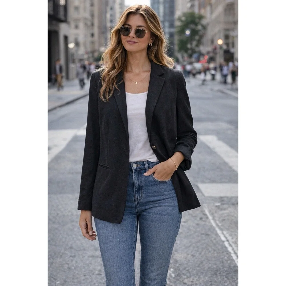 Lucky Brand Women Medium Black Cotton Single Button Blazer‎ Jacket Staple Piece